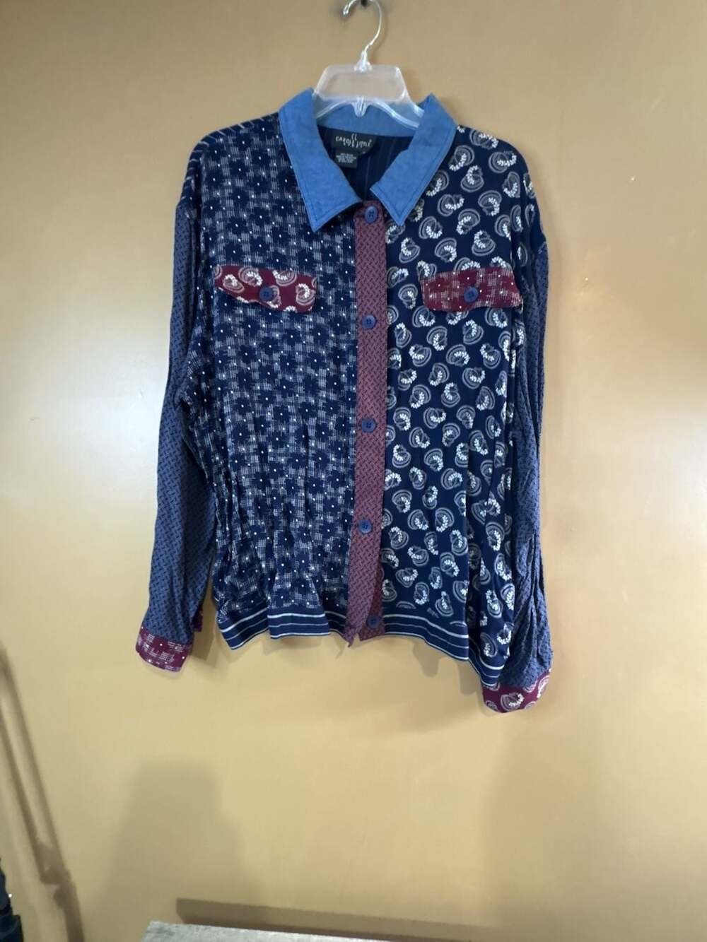 HC1113 Carole Little Vintage Mixed Print Patchwork L/S. ButtonDown Shirt Size 16